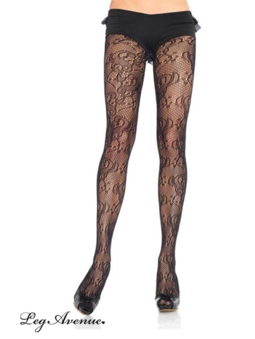 LEG AVENUE Black Filigree Lace Pantyhose NWT